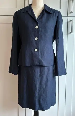 Vintage David N. Linen Blend Navy Blue Skirt Suit Set Size 4 Formal 2