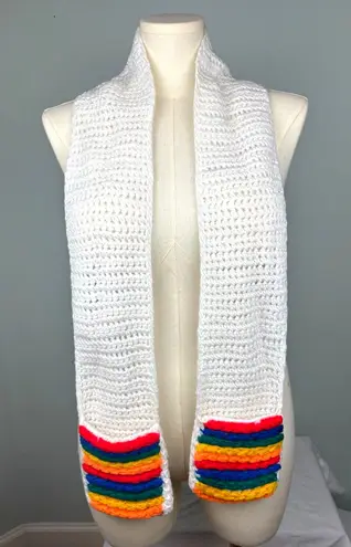 Handmade Knit White Rainbow Whimsical Scarf & Hand Mitts Smaller Adult/Teen