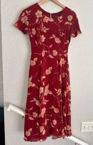 J. Peterman Company Silk Floral Dark Red Midi Dress Cottage Garden Shower Brunch Size 2