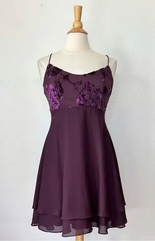 Faviana Vintage 90s Dark Purple Metallic Babydoll Sleeveless Cocktail Dress
