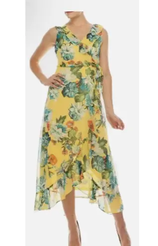 London Times Sleeveless Flowy Floral Faux Wrap Dress Size 14 Yellow Vacation - Image 5