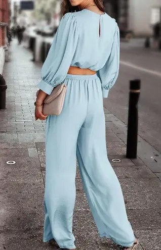 PRETTY GARDEN 2-pc Satin Puff Sleeve Crop Top & Pallazo Pant Set Size M