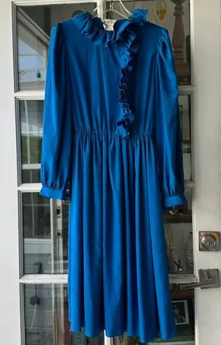 Dragon Plaza Ruffle Dress Long Sleeve Vintage Midi Dress Blue Size M Size M