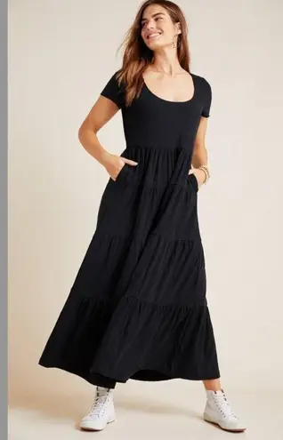 Maeve Anthropologie Gillian Tiered Maxi Dress Short Sleeve Black Small Boho