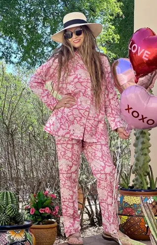 Pax Philomena Laura Floral Gray Block Print Long Sleeve Pajamas Set Size L