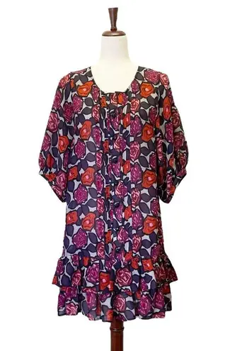 Tracy Reese Drop Waist Mini Dress Size Medium Rose Floral Silk Wool Blend Tunic