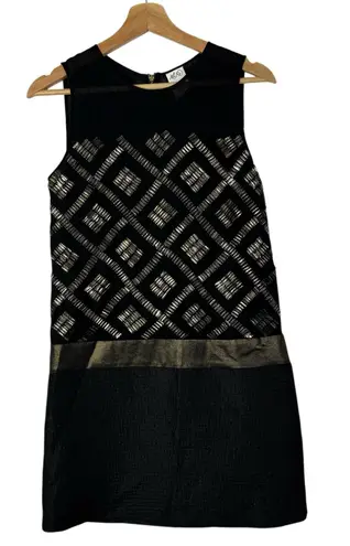 Ali Ro Black & Gold Beaded Diamond Silk Mini Shift Dress 0