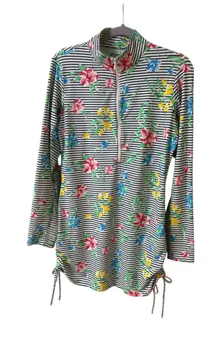 IBKul athletic top zip front stripe with floral print Sz Medium Blue