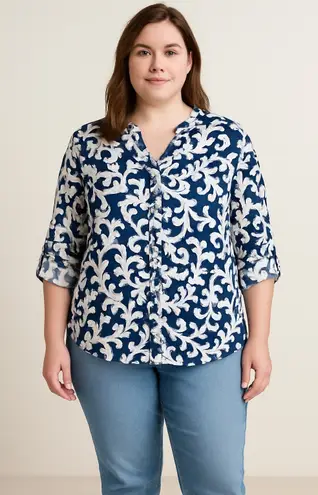 JM Collection JM Collection Linen Blouse 20W Blue White Scroll Print Button Front Roll Tab