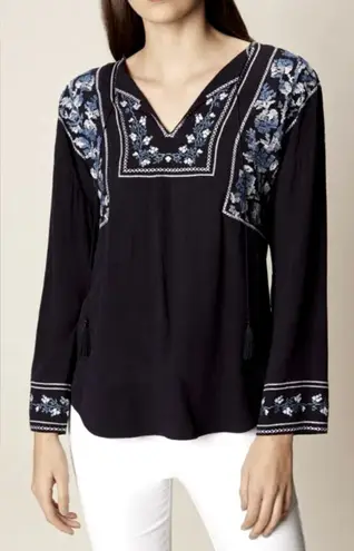 Karen Millen Embroidered Peasant Blouse Long Sleeves Tassel Detail Blue Size 6