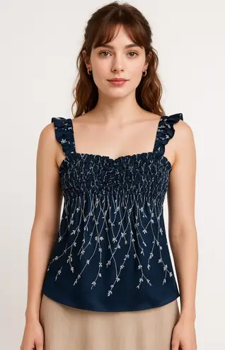 Elie Tahari Blue Floral Silk Satin Blouse Women’s M Fairy Cottagecore Coquette