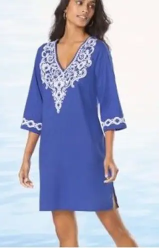 Soma Royal Blue & White Embroidered Long Sleeve Tunic Swim Cover Up XS