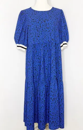 CROSBY by Mollie Burch Blue Black Splatter Print Tiered Midi Dress Size Large