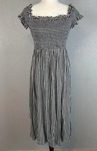 Bardot Cindy Off Shoulder Midi Dress Size 6 S Black Gingham Smocked Babydoll