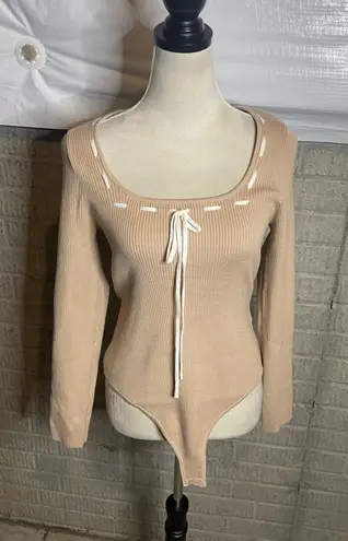 Le Lis Collection Long Sleeve Square Neck Bodysuit Beige Ribbon Tie Women's L Tan Size L