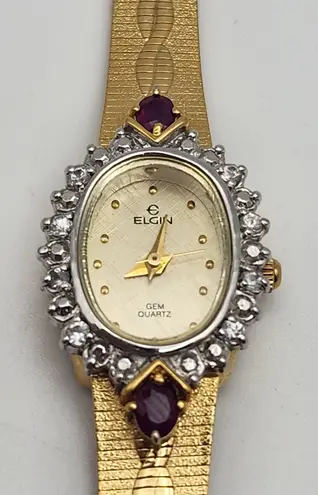 Vintage Elgin Gold Tone Ruby & White Sapphire Watch Red