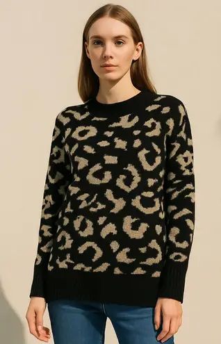 Workshop Republic Clothing Oversized Leopard Print Sweater Black Tan Plush M