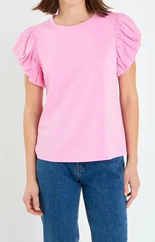 English Factory Pink Mixed Media Cotton Tee Gauzy Flutter Sleeve Ruffled Medium