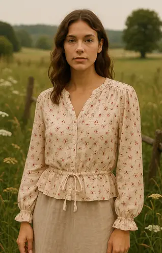 Outerknown “Poet” Blouse in Salt Mariquita (Floral + Ladybug Print) – Size Small