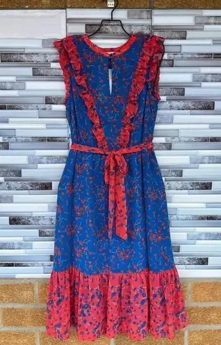 Boden Elise Coral Cyan Meadow Floral Midi Dress 8 Blue