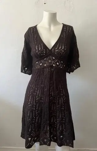 Christina Jacobs Brown v neck crochet Knit short sleeveboho western Dress Size M