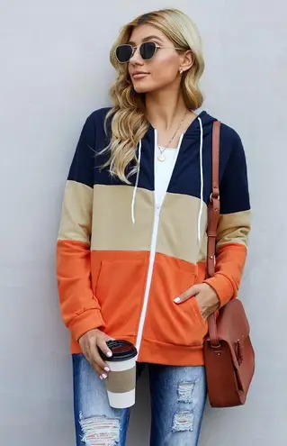 BLUE TAN ORANGE COLOR BLOCK FULL ZIP DRAWSTRING HOODIE SIZE 2XL 18