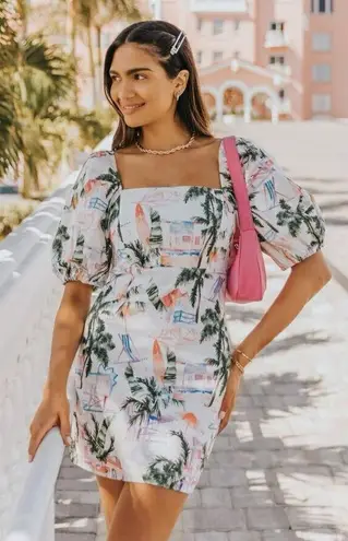 The Shore Brand Santa Clara Puffed Sleeve Tropical Mini Dress Size Small White