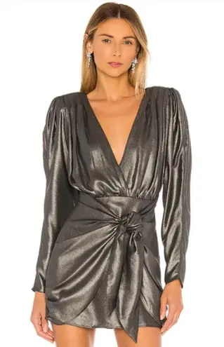 L'Academie The Dore Silver Front Tie Long Sleeve Mini Dress