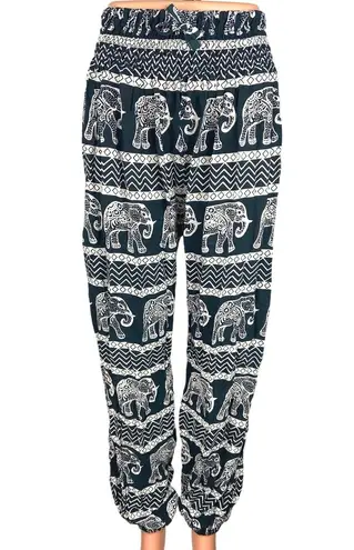 Women's Black White Drawstring Tribal Asian High Waisted Jogger Pants Size S