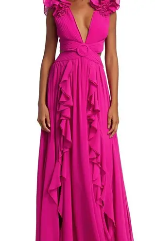 PATBO women size 0 flutter sleeve hot pink maxi long dress ruffles v neckline