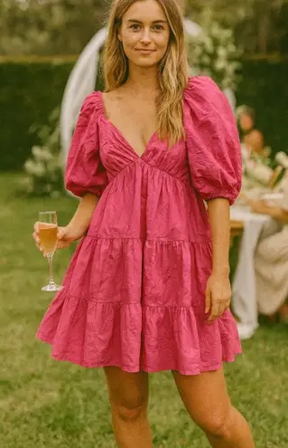 Xirena Nissa Hot Pink Cotton Puff Sleeve Keyhole Back Short Sleeve Dress Size S