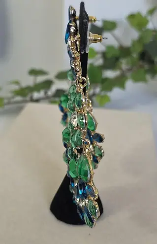 Boutique Large Statement Earrings Gold and Teal Blue with Green Chandalier