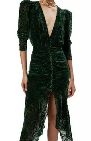 Torn By Ronny Kobo Ronny Kobo Astrid Ruched Jacquard Green Velvet Long Sleeve Silk Blend Dress. A14