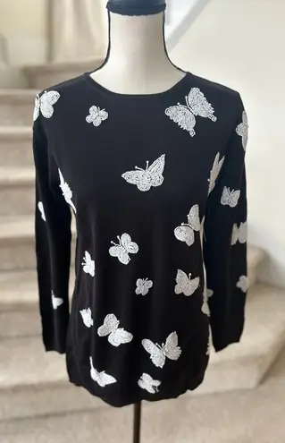 Source Unknown Vintage Y2K Black Knit Beaded White Butterfly Long Sleeve Crewneck Sweater