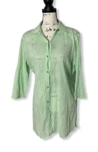 Susan Graver M Mint Green Long Button Down Shirt Tunic Top Shimmer Tie Back