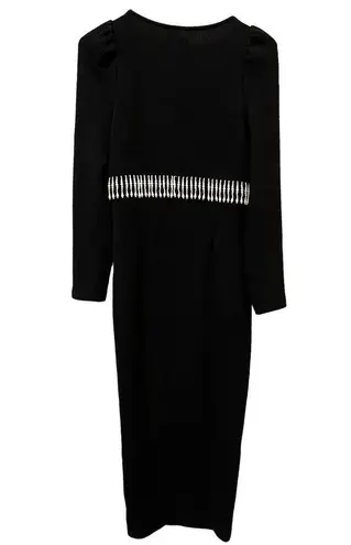 Saylor Alina Ribbed Imitation Pearl Fringe Long Sleeve Midi Dress (S)