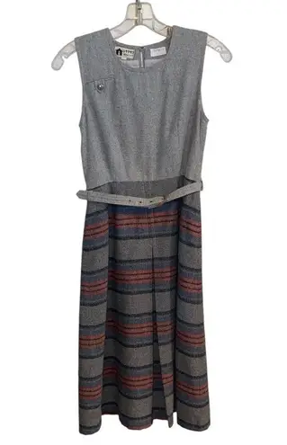 Vintage mid century 50s wool belted sleeveless grey red twee dress Fall Academia Gray