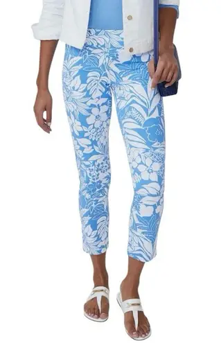 J. McLaughlin Newport Capri Pants Blue White Tropical Monstera Size M