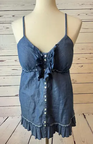 LEI Denim Shirt Halter Top XL Babydoll Cami Tank Top Y2K Ruffle Smocked Jean Blue Size undefined
