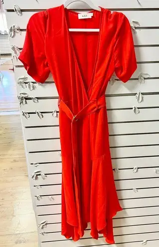 ALC Frank A.L.C Claire 100% Silk Short Sleeve Hi-Low Hem Midi Wrap Dress Red Women's US 8