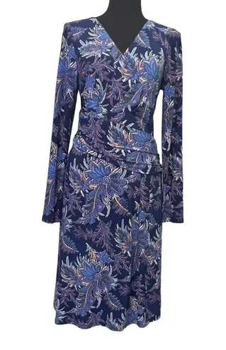 Ralph Lauren Lauren  Size 8 Blue Floral Surplice Jersey Dress Long Sleeves