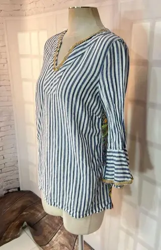 John Mark blue white stripe bell sleeve colorful print back blouse size small