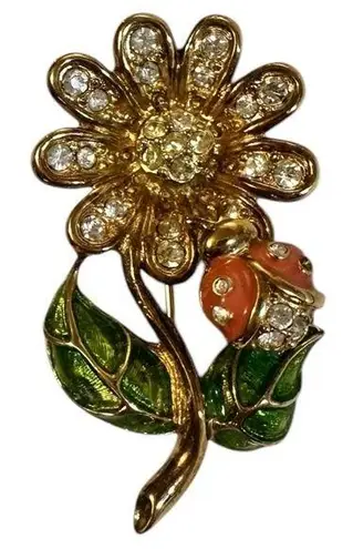 Vintage Enamel Flower Rhinestone Brooch Pin