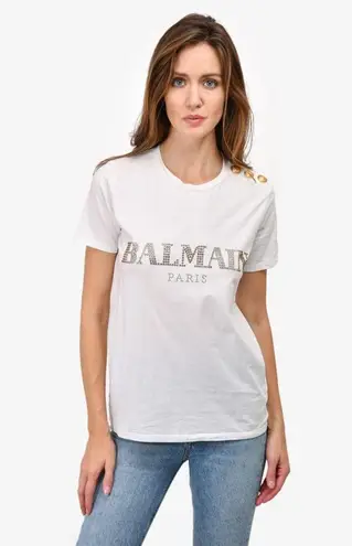 Balmain Logo Short Sleeve T-Shirt With Gold Buttons White Women's Size XXS