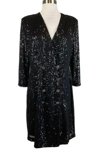 DKNY  Women's Cocktail Dress Size 8 Black Sequined Long Sleeve Tuxedo Sheath