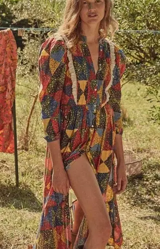 Doen Nicoletta Patchwork Print Organic Cotton Midi Dress Size Medium NWT