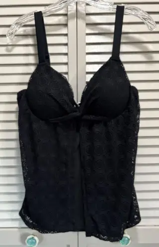 Tankini Swim Top Crochet Black Solid Size XL Molded Cups Lined Wide Adj Straps