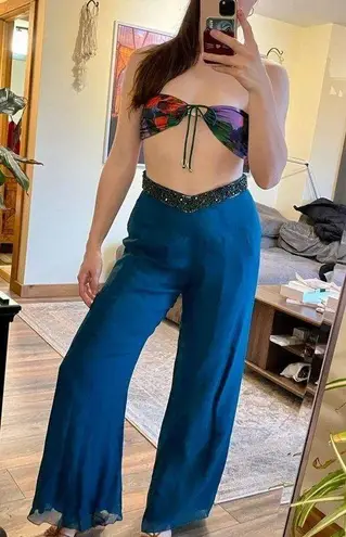 Cassandra Stone Vintage 100% Silk Teal Chiffon Wide Leg Pants with Beaded Waist Blue Size 6