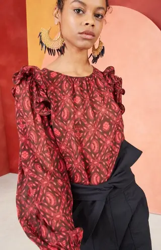 Ulla Johnson Medine Red Patterned Ruffle Silk Blouse US 6