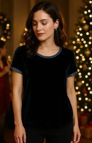 CP Shades Dark Blue Velvet Short Sleeve Top Rayon/Silk Blend Made in USA (S)